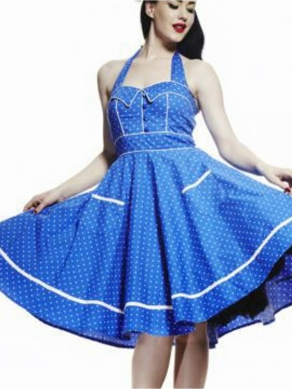 Hell Bunny Blue and White Polka Dot Halter-neck Swing Pinup Dress